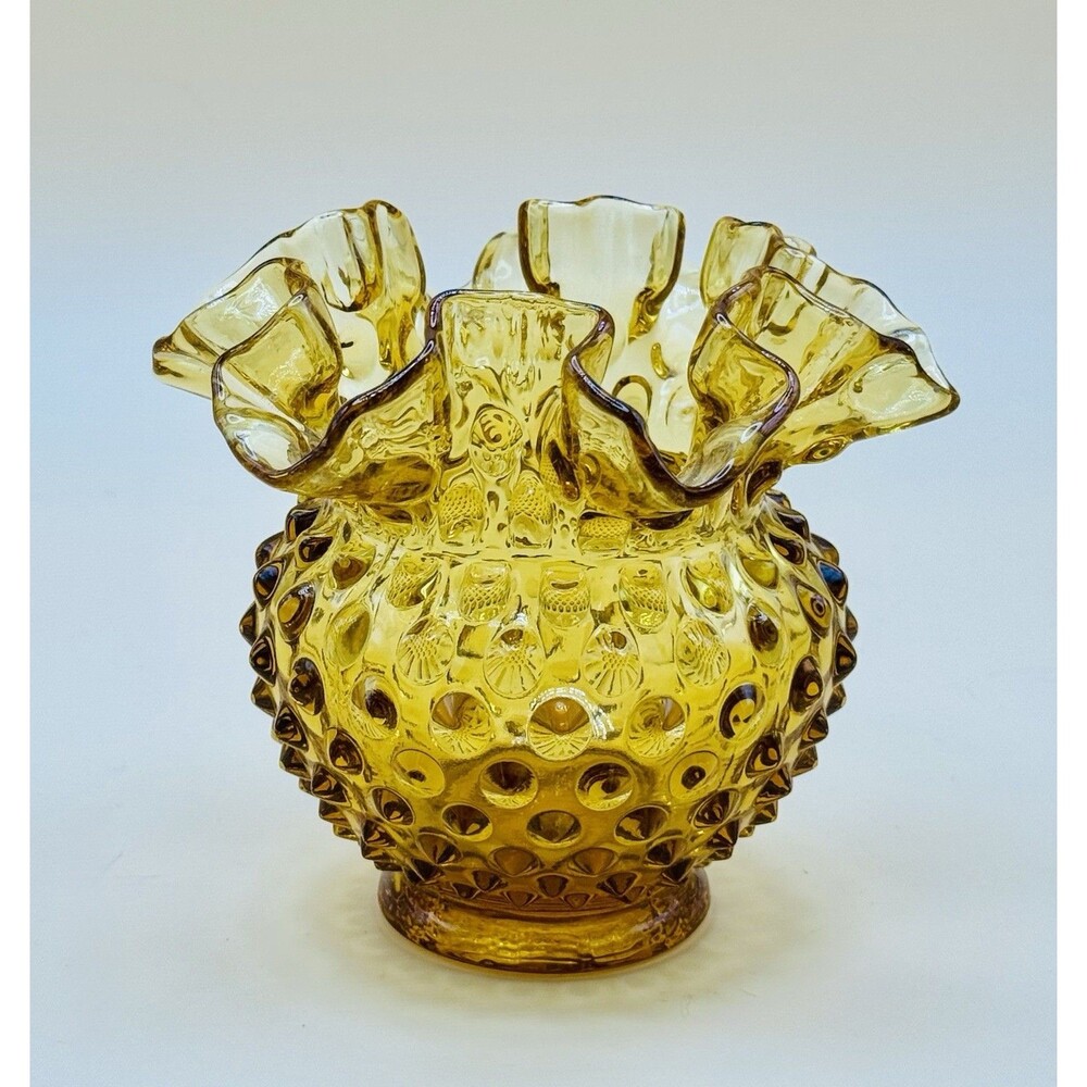 Vintage Fenton Amber Hobnail Scalloped Edge Vase - VGC